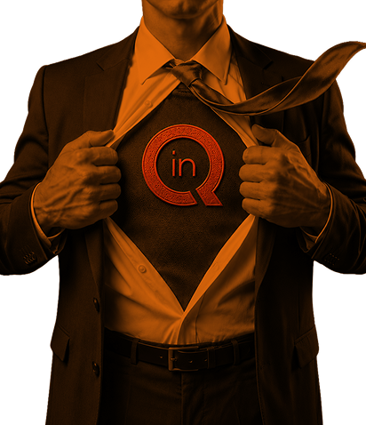 Inqnest superhero revealing the brand beneath his suit