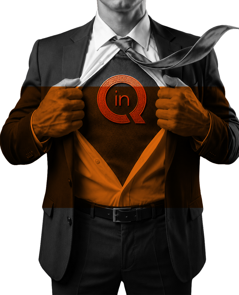 Inqnest superhero revealing the brand beneath his suit